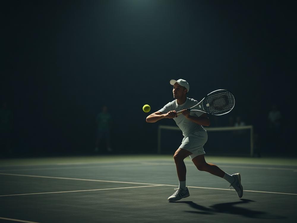 Tennis player mid-shot on court with a darkened crowd behind