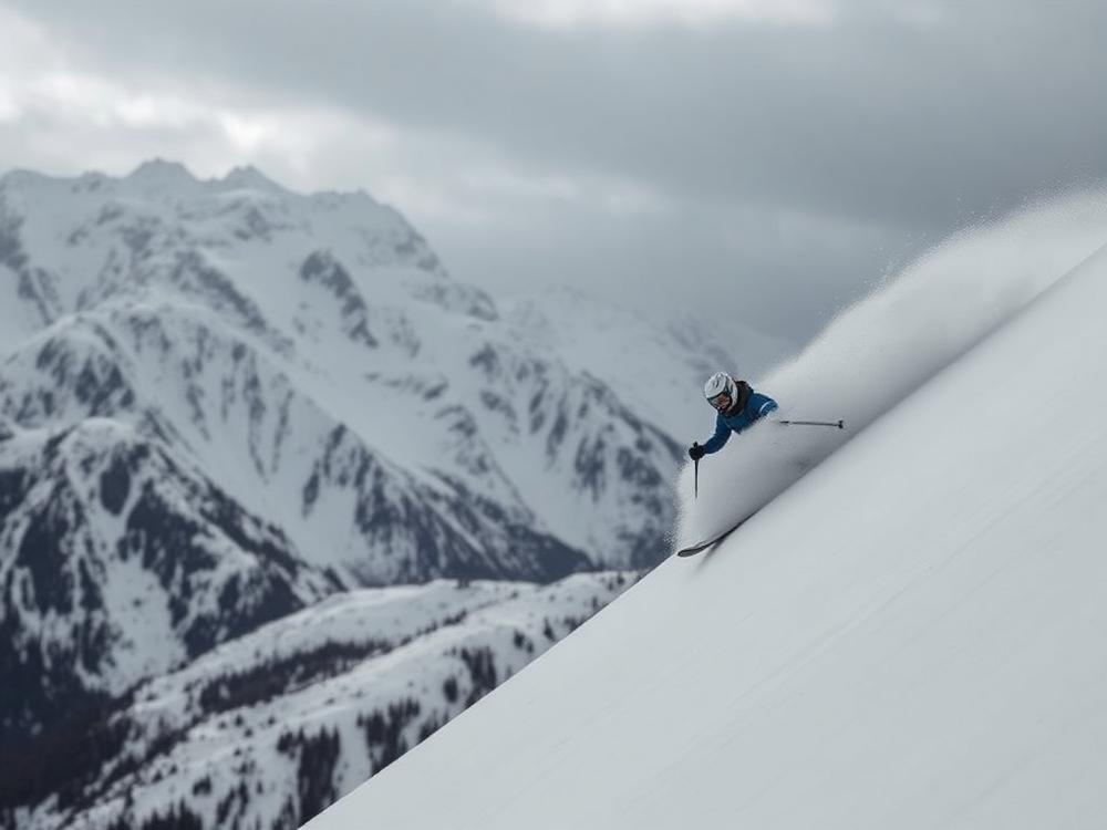 Skier descending a snowy alpine slope