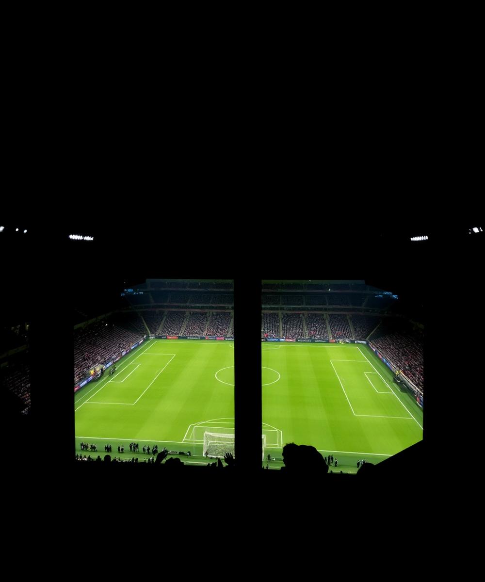 View from a stadium hospitality box overlooking a floodlit pitch at night